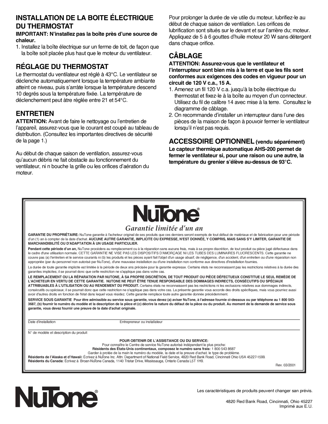 NuTone RF-49NR Garantie limitée d’un an, Installation DE LA Boite Électrique DU Thermostat, Réglage DU Thermostat, Câblage 