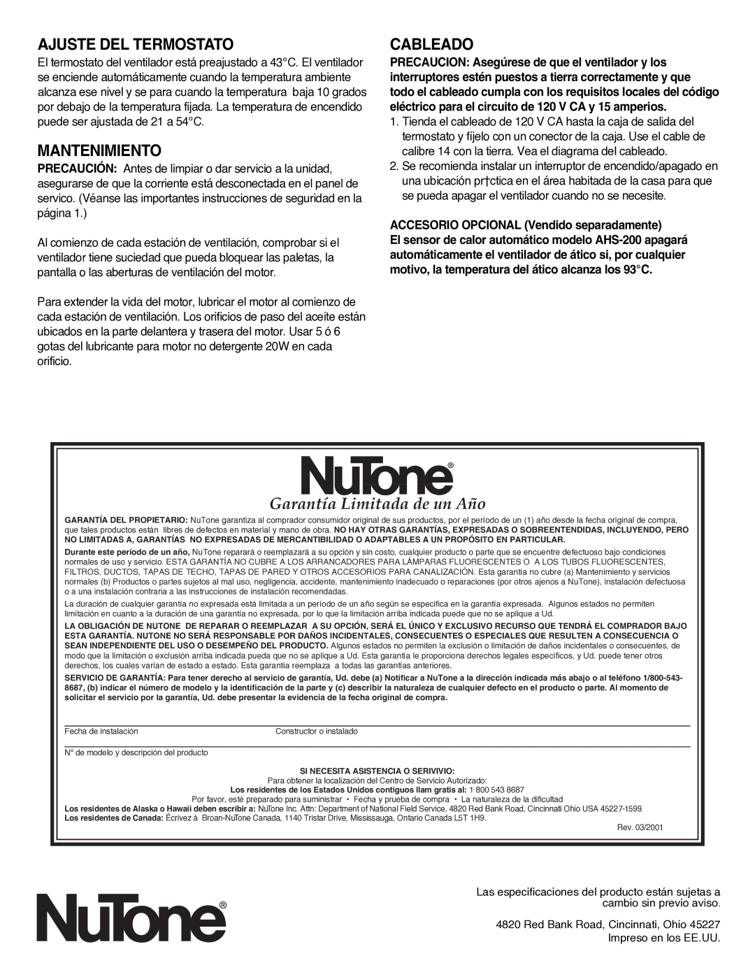 NuTone RF-85R, RF-49NR, RF-59NRPSC Garantía Limitada de un Año, Ajuste DEL Termostato, Mantenimiento, Cableado 