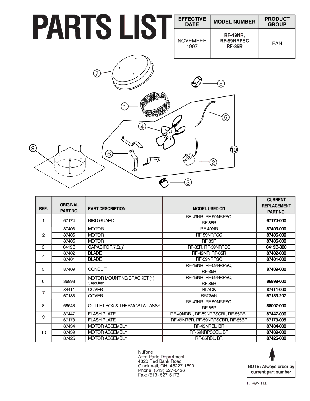 NuTone RF-49NR, RF-85R, RF-59NRPSC important safety instructions Date Group, 1997 