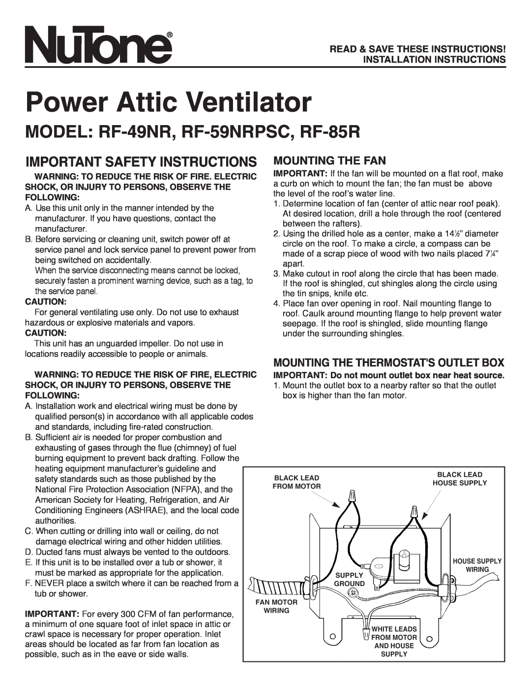 NuTone important safety instructions Power Attic Ventilator, MODEL RF-49NR, RF-59NRPSC, RF-85R, Mounting The Fan 