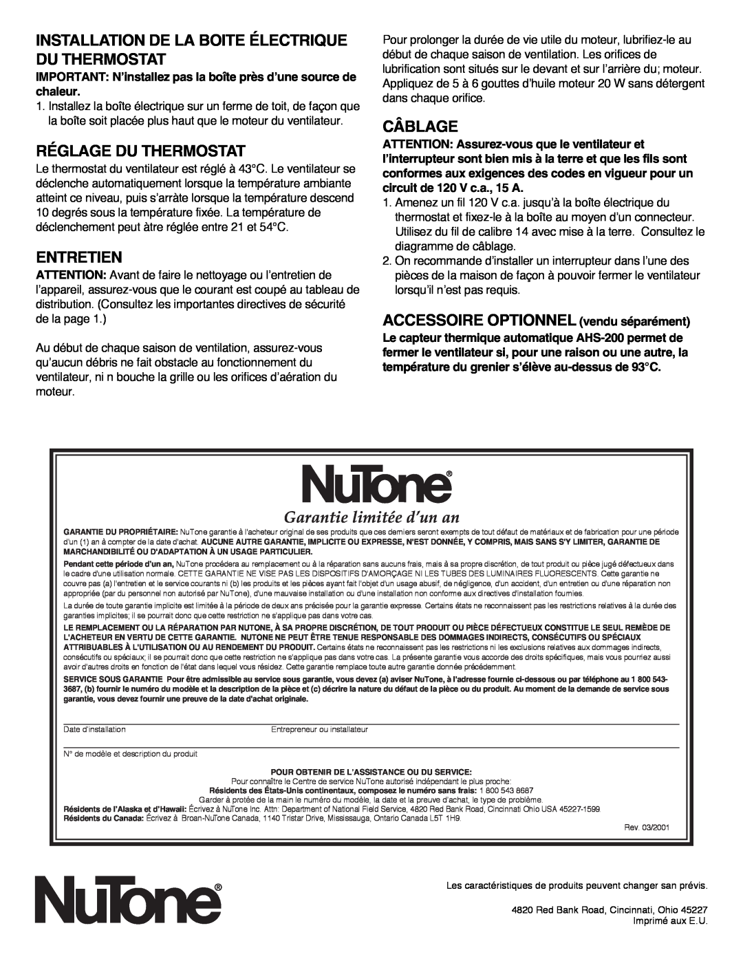 NuTone RF-49NR Garantie limitée d’un an, Installation De La Boite Électrique Du Thermostat, Réglage Du Thermostat, Câblage 