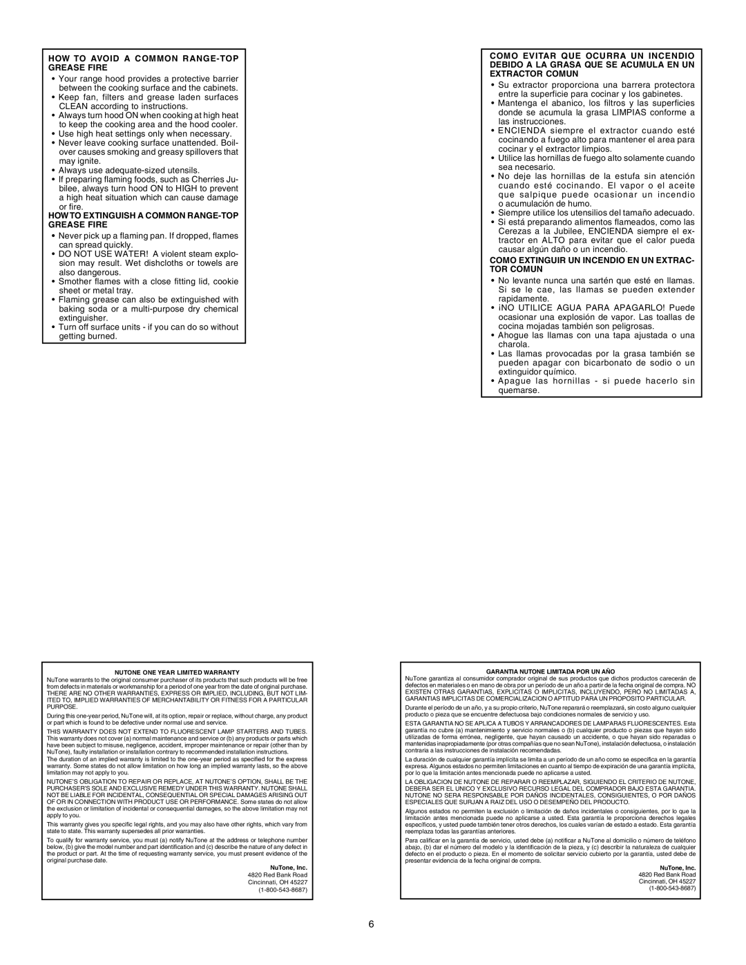 NuTone RL6100F warranty HOW to Avoid a Common RANGE-TOP Grease Fire, HOW to Extinguish a Common RANGE-TOP Grease Fire 