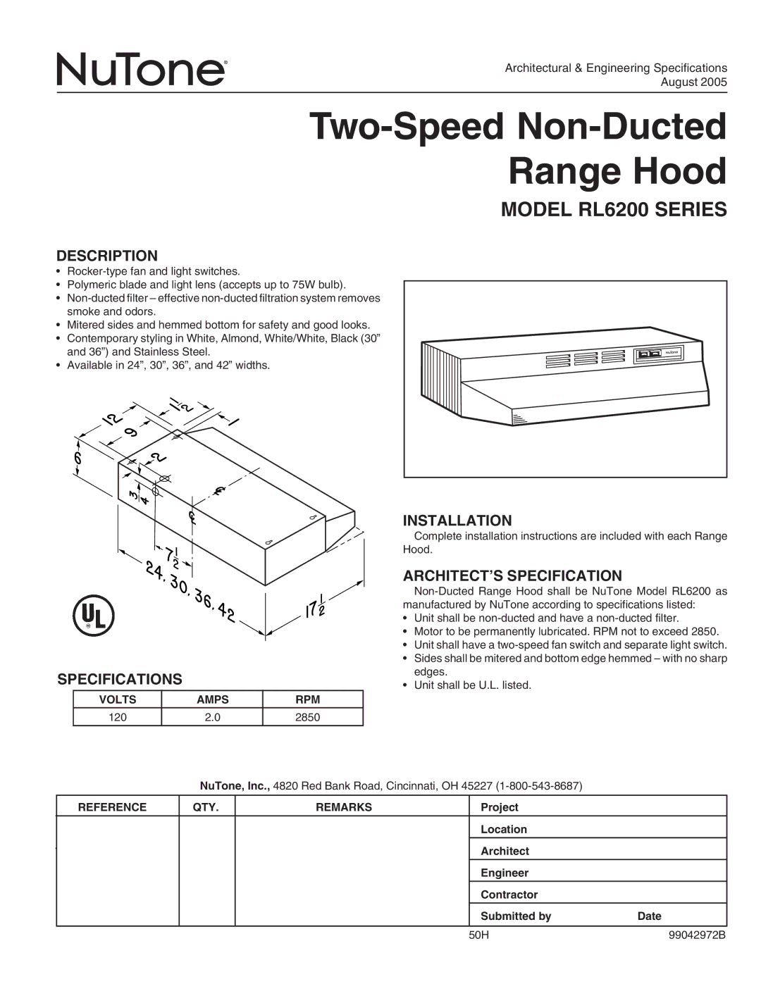 NuTone specifications Two-Speed Non-Ducted Range Hood, Model RL6200 Series 