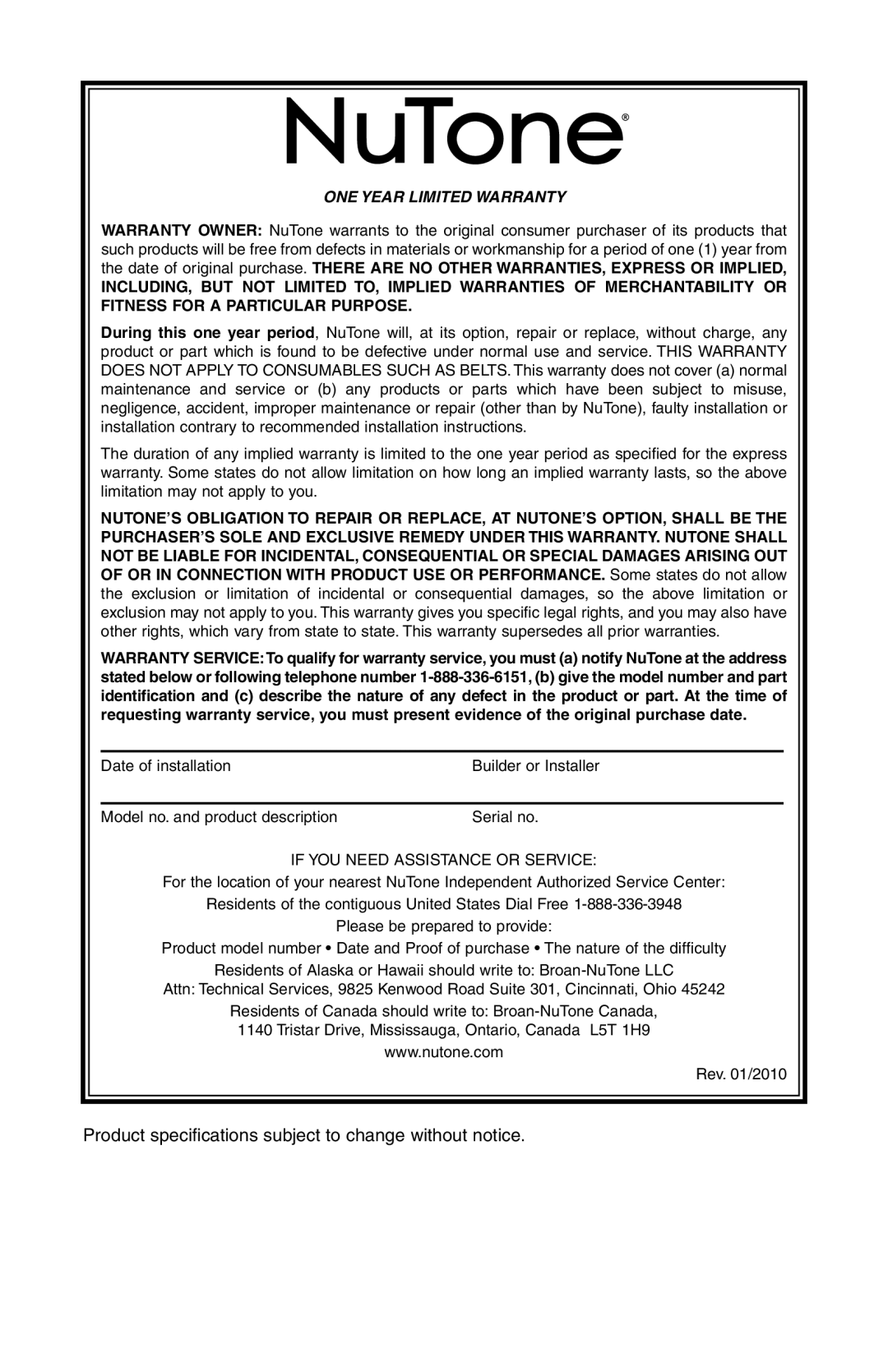 NuTone SFDB-DC, CV400 manual Product specifications subject to change without notice 