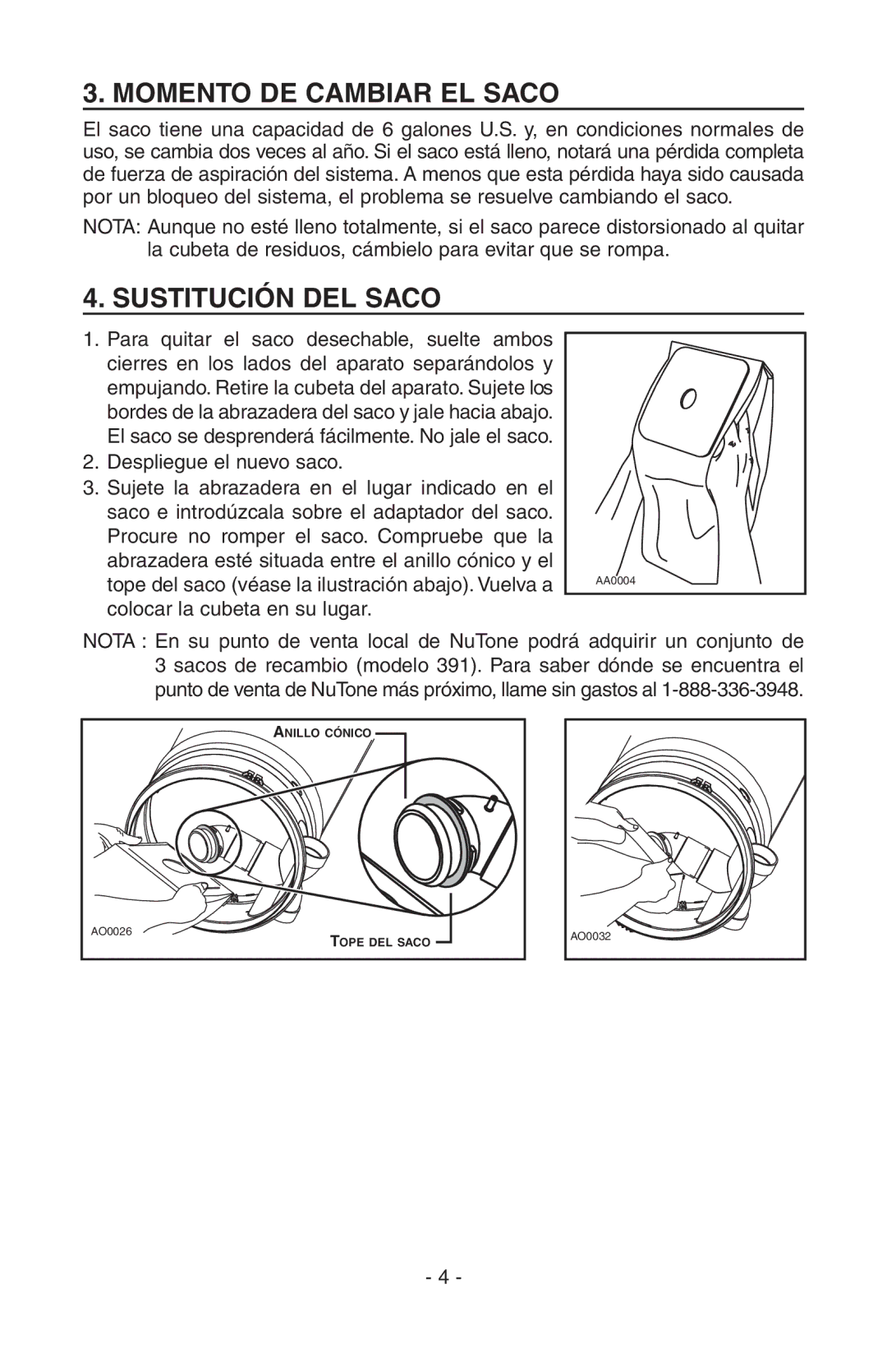 NuTone SFDB-DC, CV400 manual Momento DE Cambiar EL Saco, Sustitución DEL Saco 