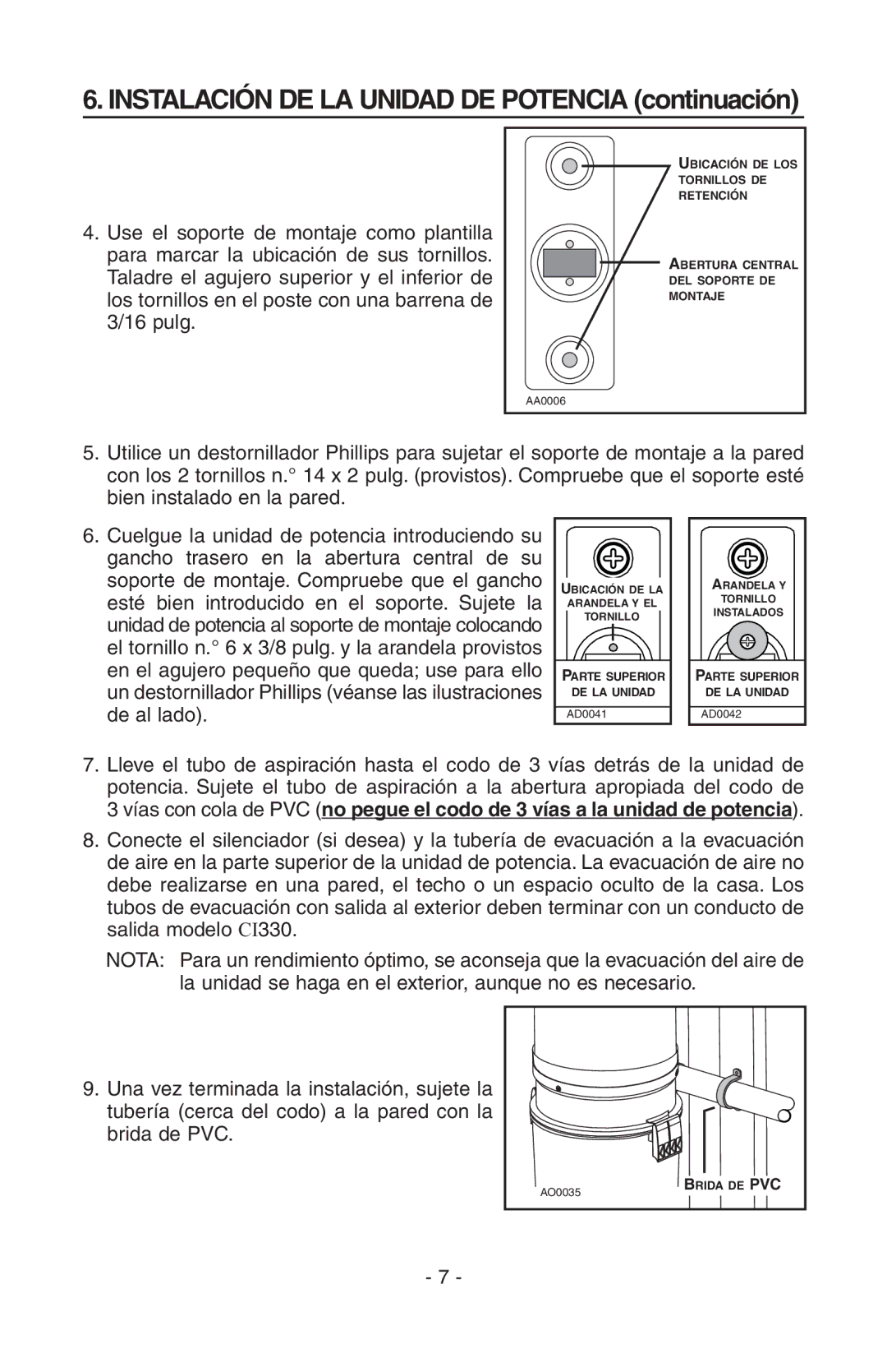 NuTone CV400, SFDB-DC manual Instalación DE LA Unidad DE Potencia continuación 