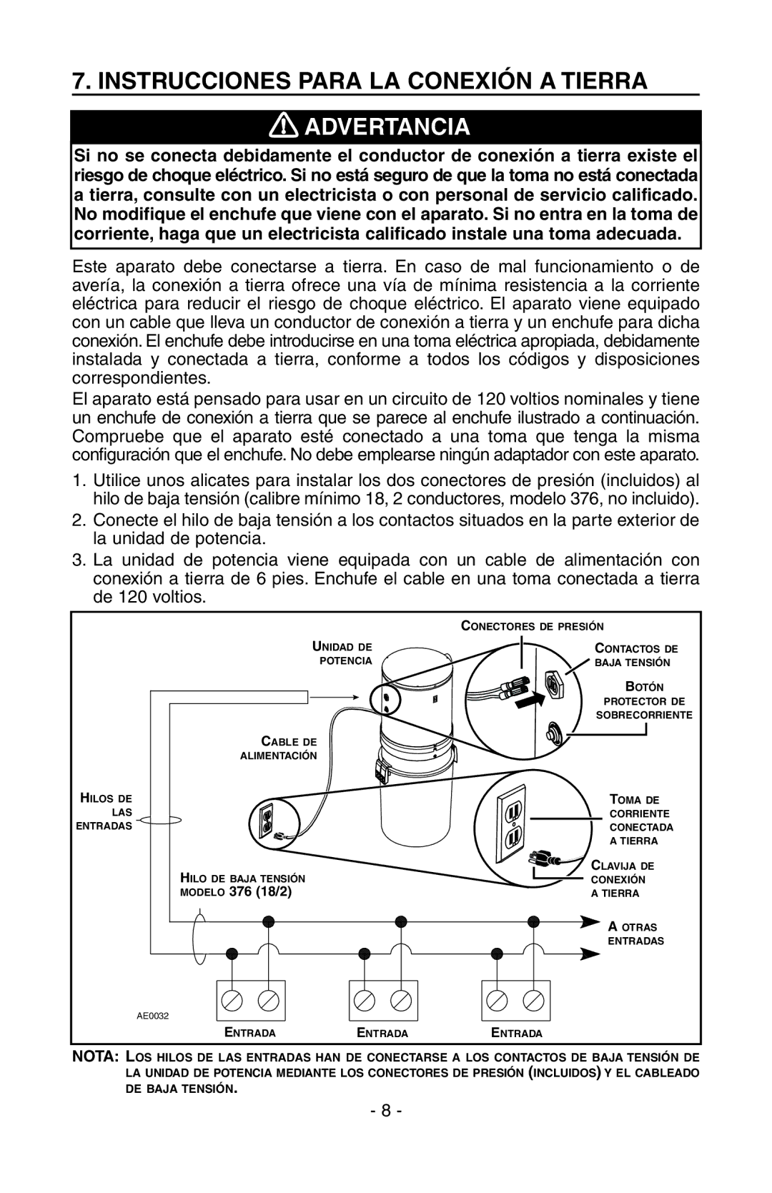 NuTone SFDB-DC, CV400 manual Instrucciones Para LA Conexión a Tierra, Advertancia 