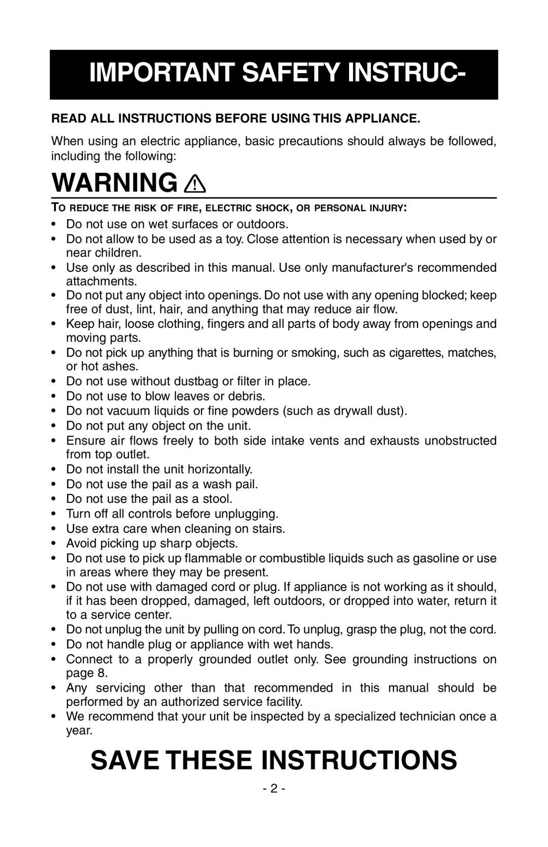 NuTone SFDB-DC, CV400 manual Important Safety Instruc 