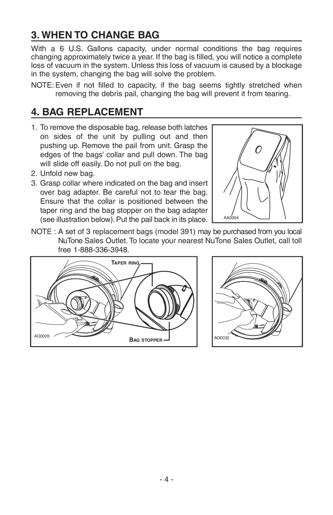 NuTone SFDB-DC, CV400 manual When To Change Bag, Bag Replacement 