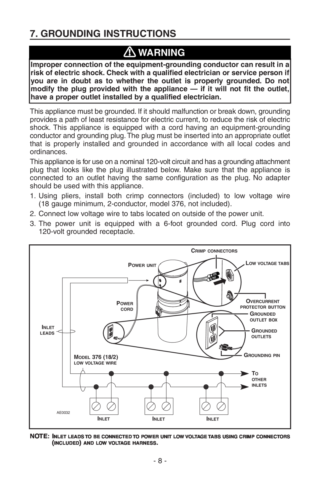 NuTone SFDB-DC, CV400 manual Grounding Instructions 