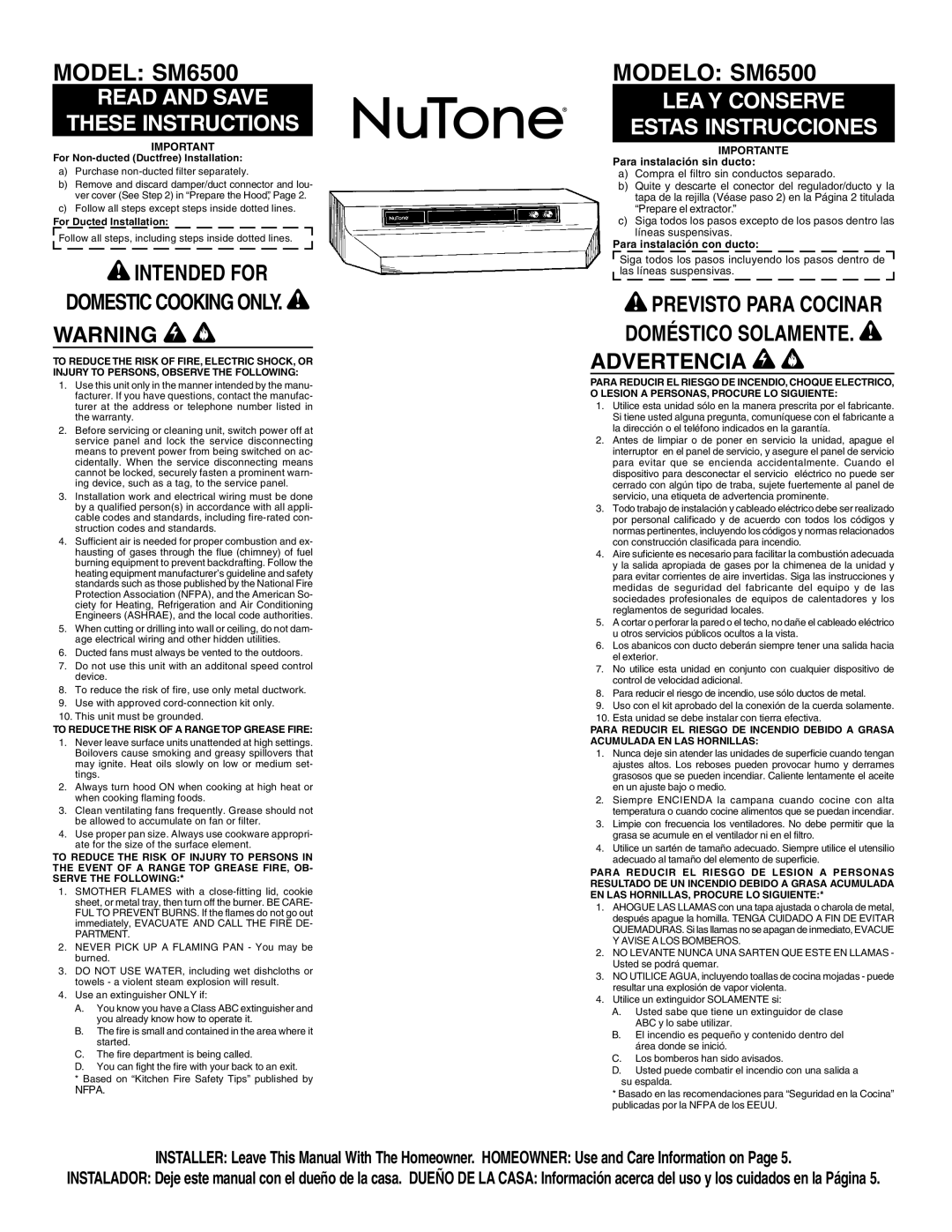 NuTone SM6500 warranty Intended for, Advertencia, To Reduce the Risk of a Range TOP Grease Fire, Importante 