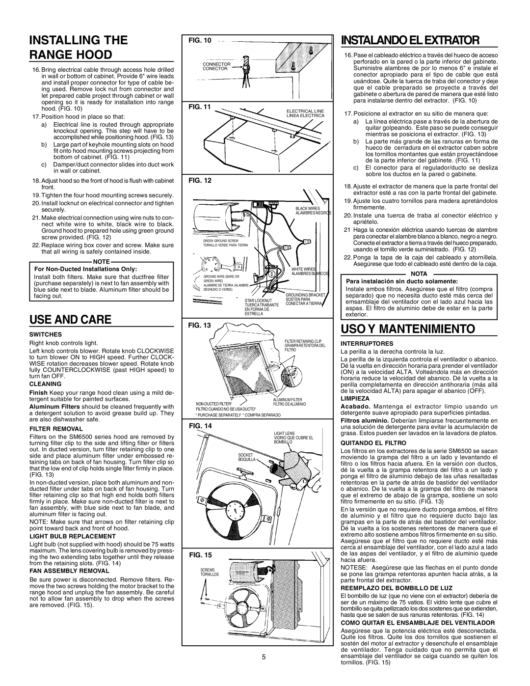 NuTone SM6500 warranty Installing Range Hood, USE and Care, Instalando EL Extrator, USO Y Mantenimiento 