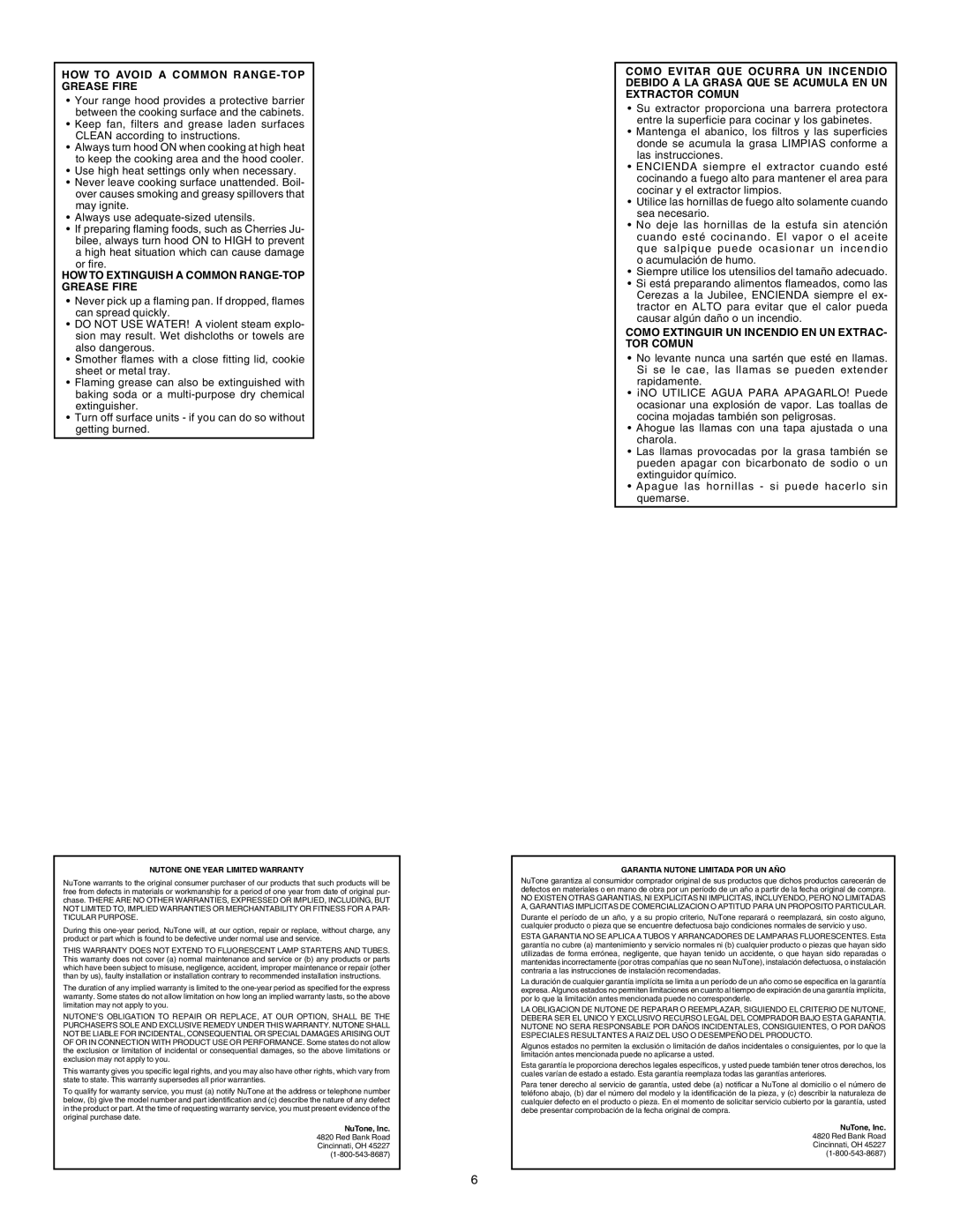 NuTone SM6500 warranty HOW to Avoid a Common RANGE-TOP Grease Fire, HOW to Extinguish a Common RANGE-TOP Grease Fire 