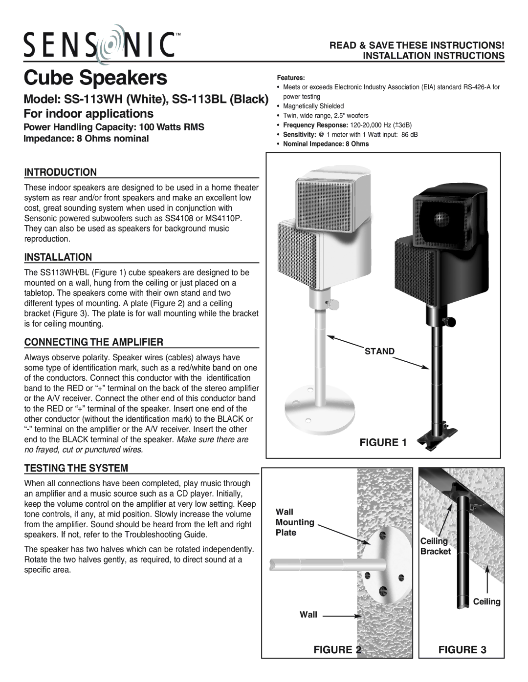 NuTone SS-13BL, SS-13WH installation instructions Cube Speakers, Introduction, Installation, Connecting the Amplifier 