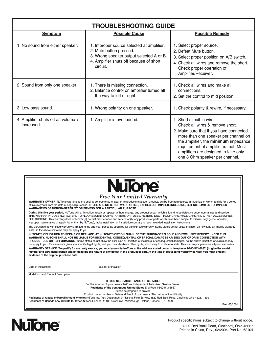 NuTone SS-13WH, SS-13BL Troubleshooting Guide, Five Year Limited Warranty, If YOU Need Assistance or Service 