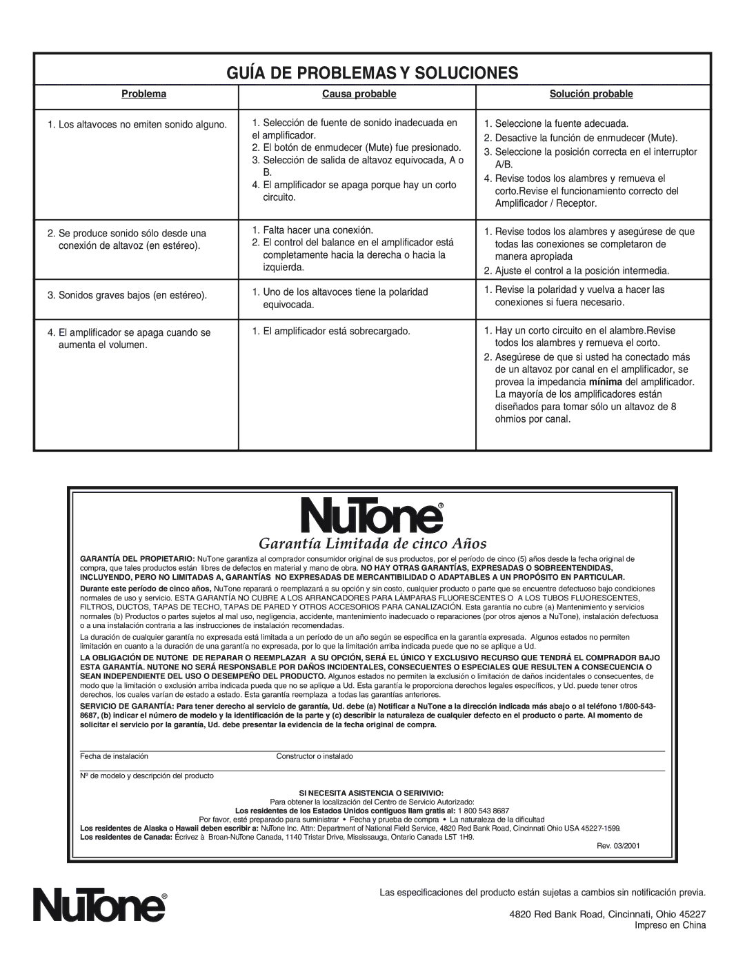 NuTone SS-13WH Guía DE Problemas Y Soluciones, Garantía Limitada de cinco Años, Problema Causa probable Solución probable 