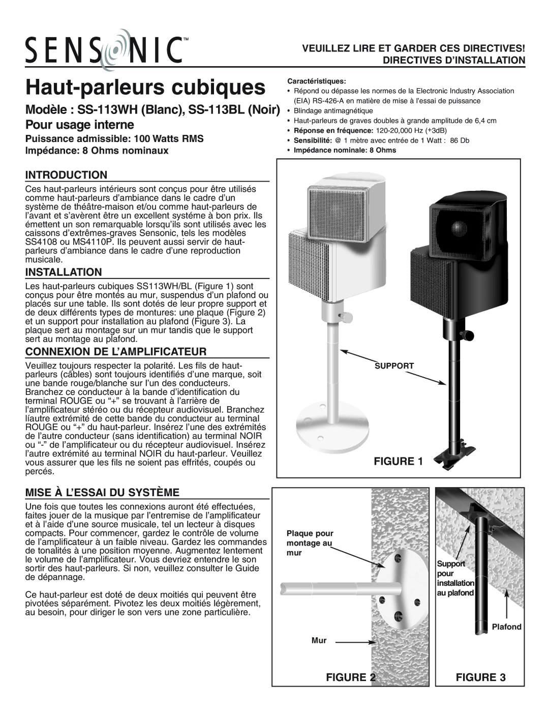 NuTone SS-13BL Haut-parleurs cubiques, Modèle SS-113WH Blanc, SS-113BL Noir Pour usage interne, Mise À L’ESSAI DU Système 