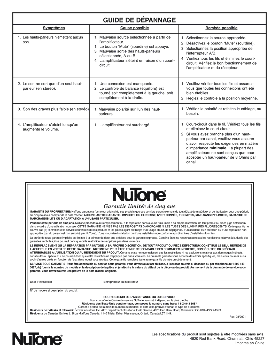 NuTone SS-13WH, SS-13BL Guide DE Dépannage, Garantie limitée de cinq ans, Symptômes Cause possible Remède possible 