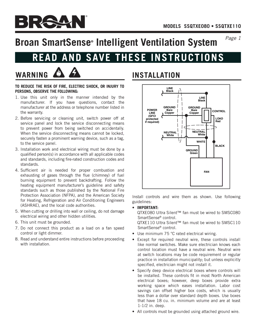 NuTone ssQTXe110, ssQTXe080 warranty Installation, Models sSQTXE080 sSQTXE110 