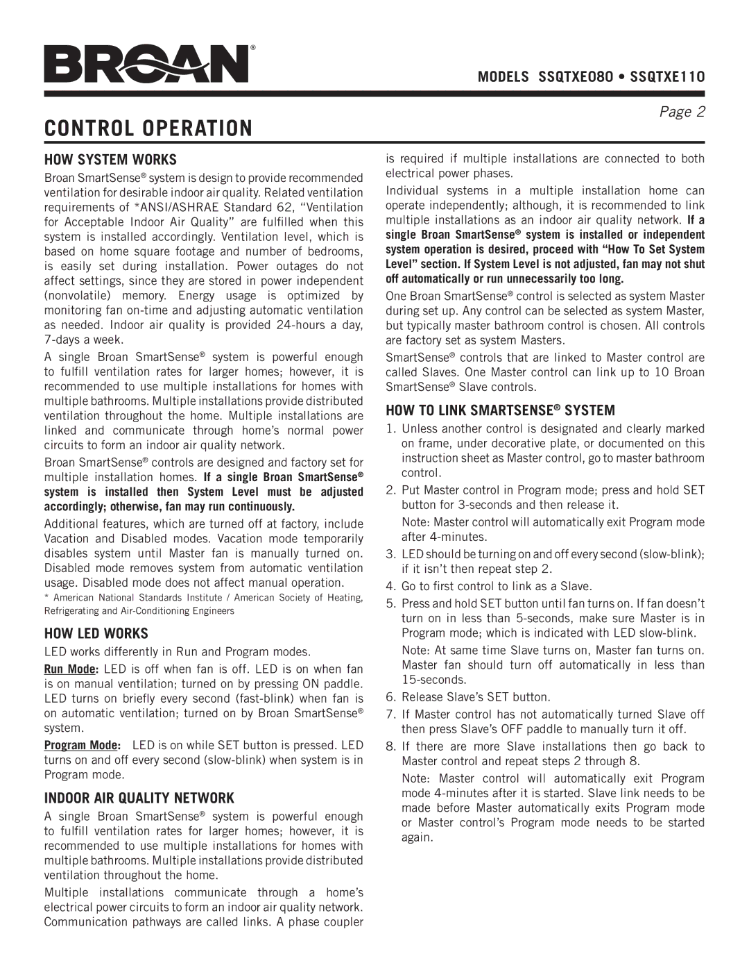 NuTone ssQTXe080, ssQTXe110 warranty Control operation, How System Works, How LED works, Indoor air quality Network 