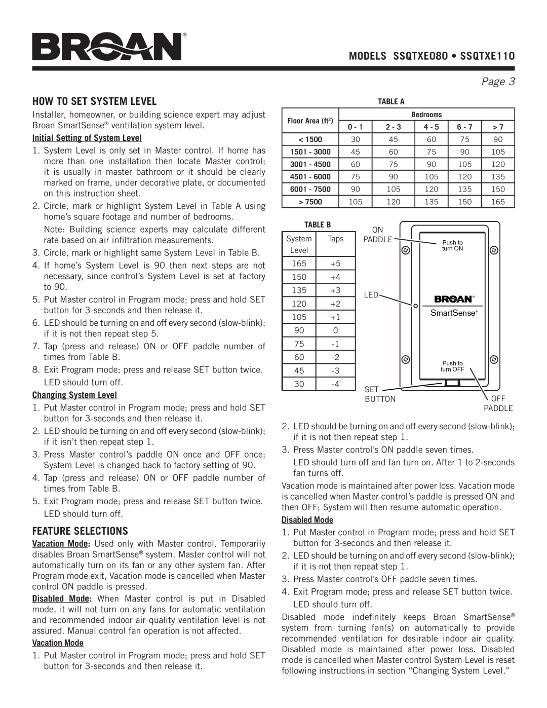 NuTone ssQTXe110, ssQTXe080 Models sSQTXE080 sSQTXE110 How to set system Level, Feature selections, Table a, Table b 