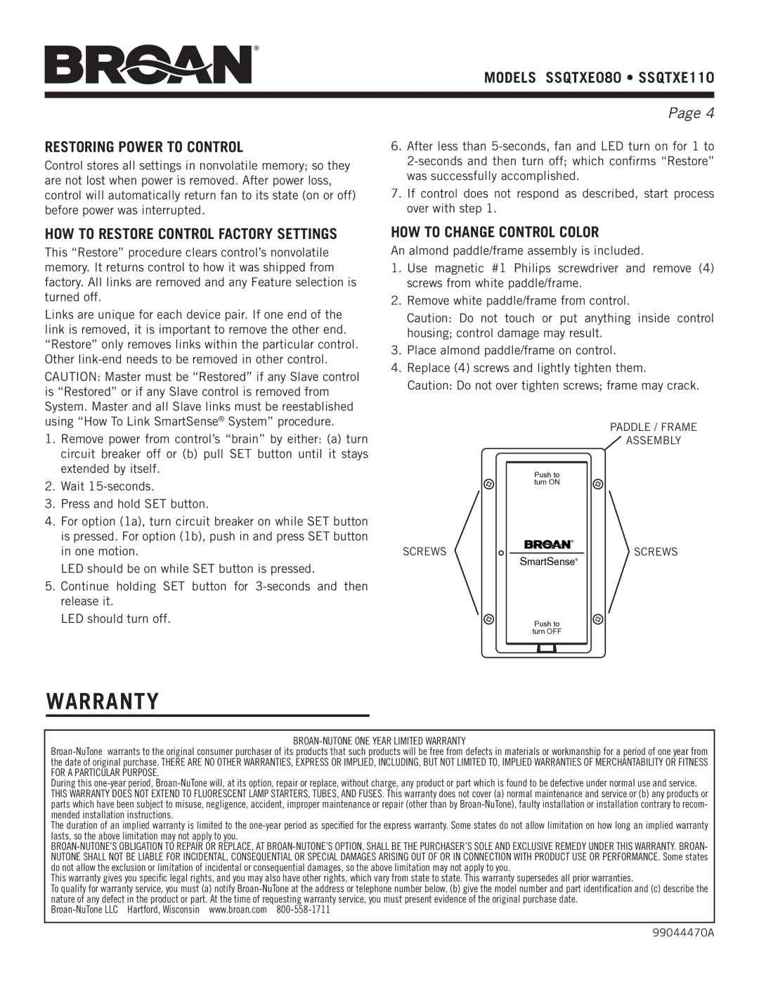 NuTone ssQTXe080 Warranty, Models sSQTXE080 sSQTXE110 Restoring Power to control, How to restore control Factory Settings 