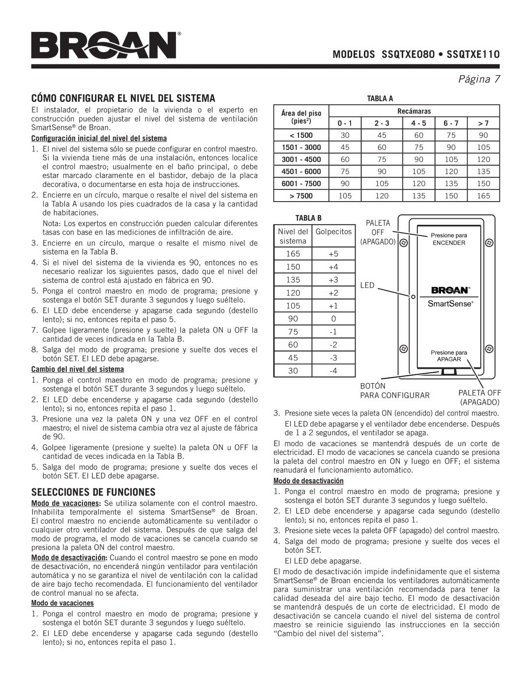 NuTone ssQTXe110, ssQTXe080 warranty Selecciones DE Funciones, Tabla a, Tabla B 