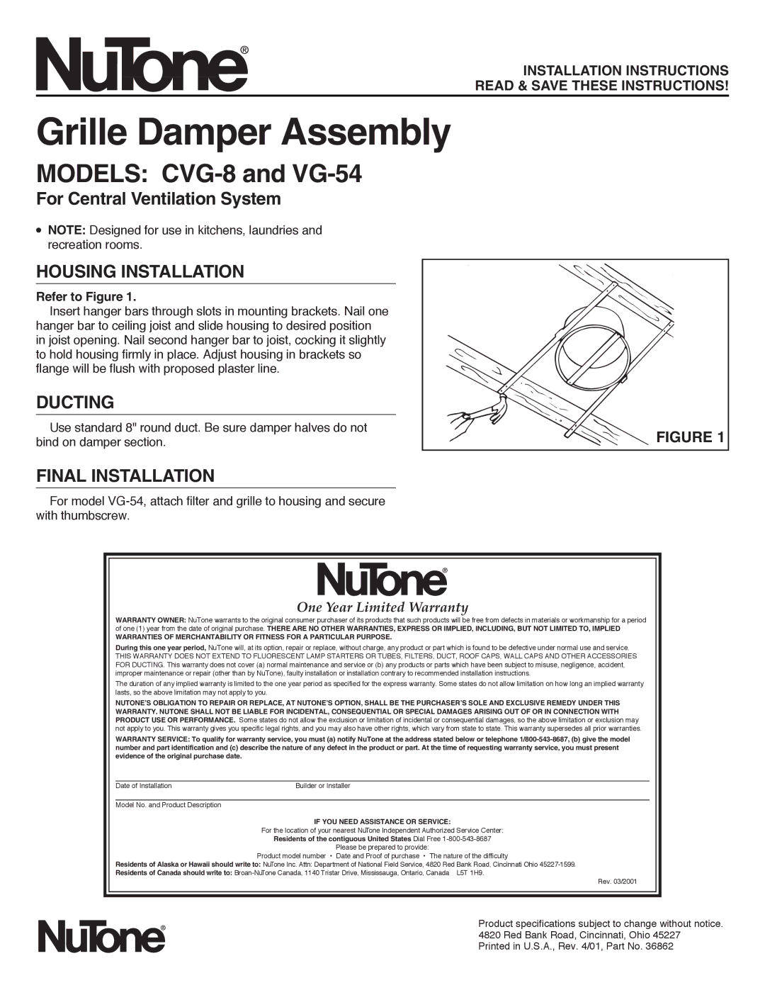 NuTone installation instructions Grille Damper Assembly, Models CVG-8 and VG-54, Housing Installation, Ducting 