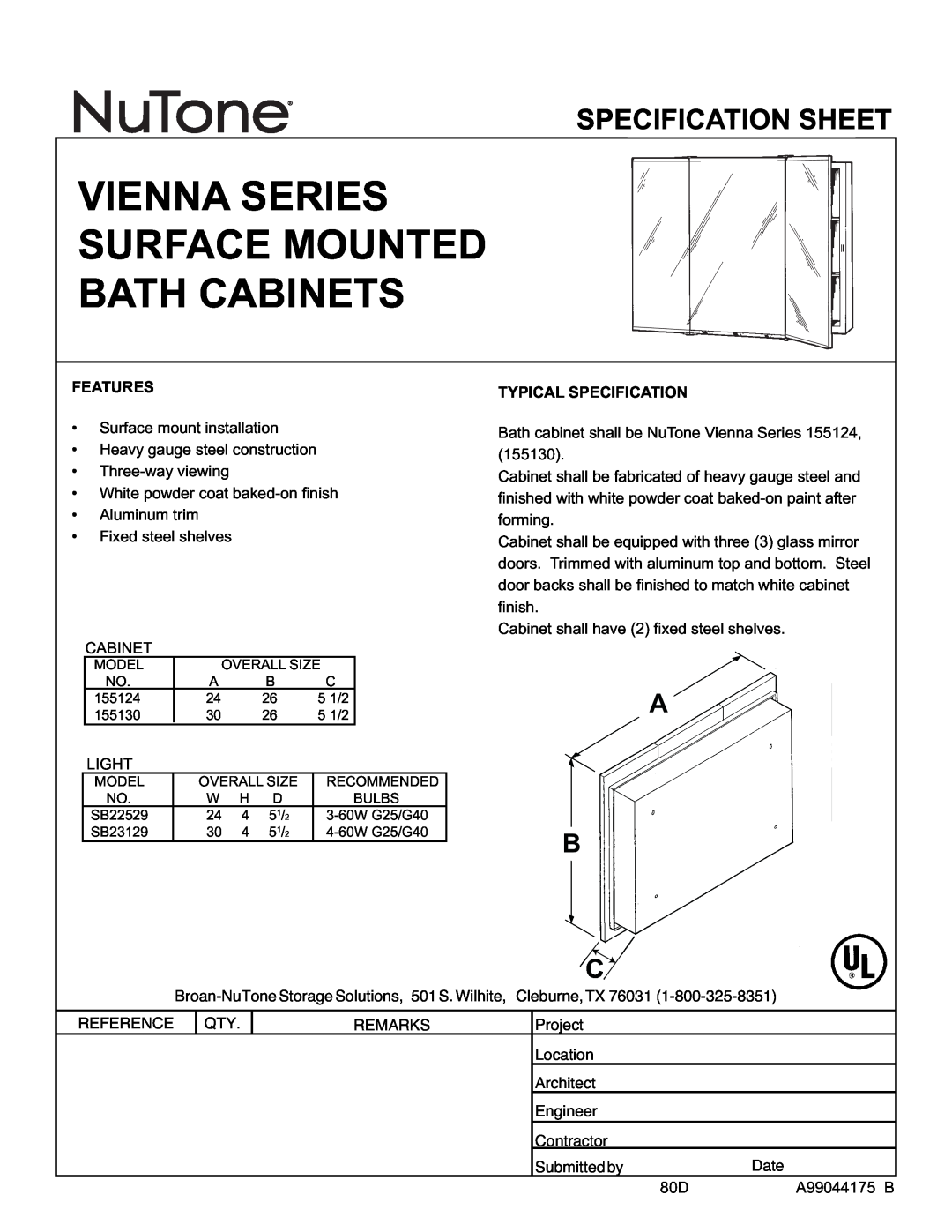 NuTone specifications Vienna Series Surface Mounted Bath Cabinets, Specification Sheet, Features, Typical Specification 