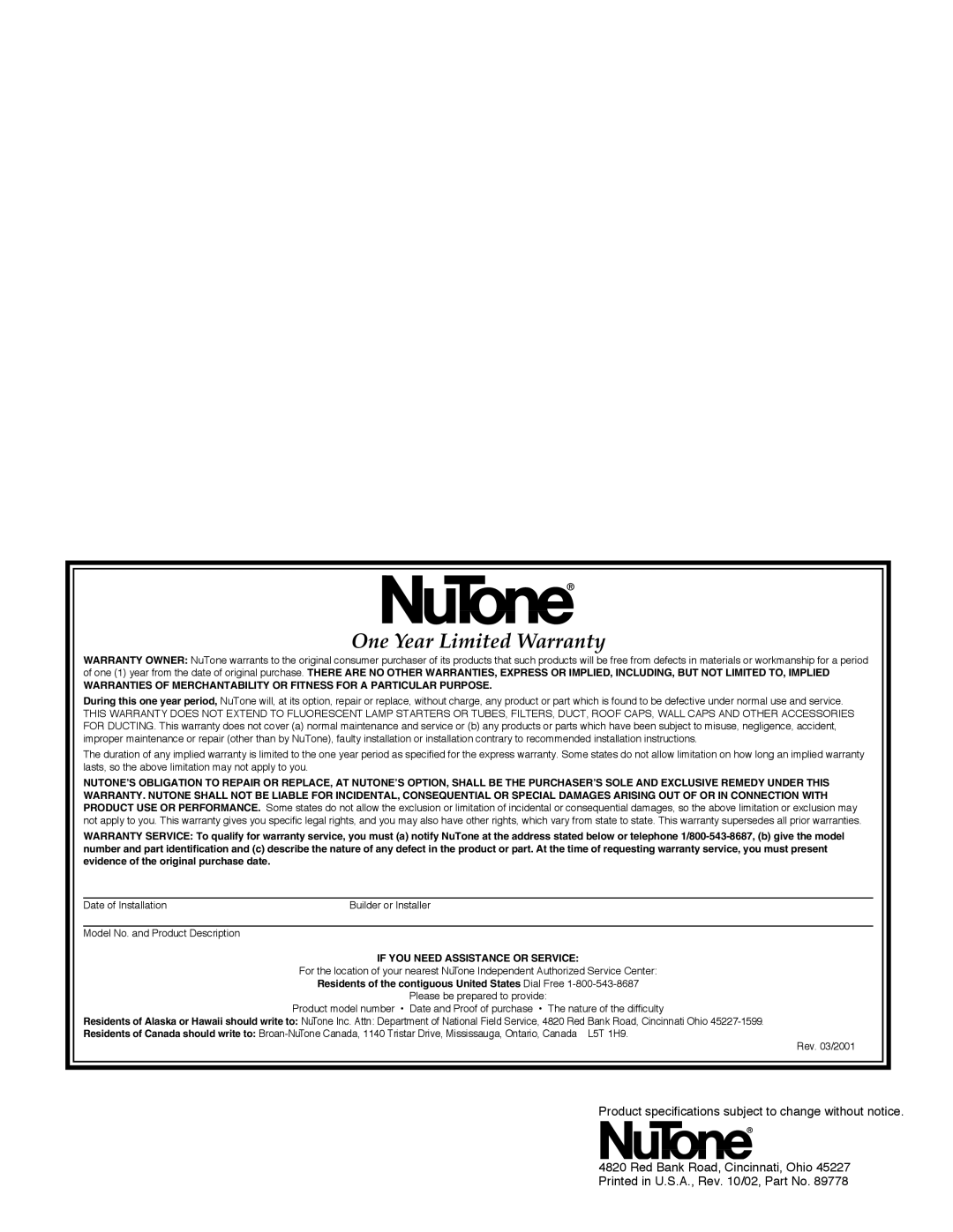 NuTone VS-63WH, VS-62WH One Year Limited Warranty, Product specifications subject to change without notice 