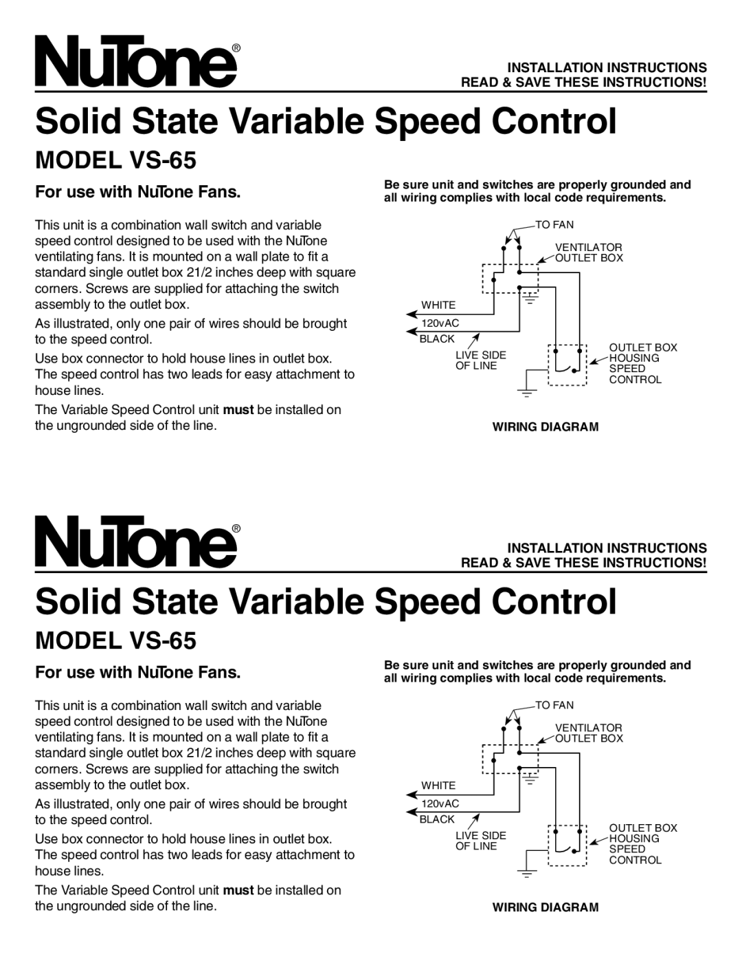 NuTone installation instructions Solid State Variable Speed Control, Model VS-65, For use with NuTone Fans 