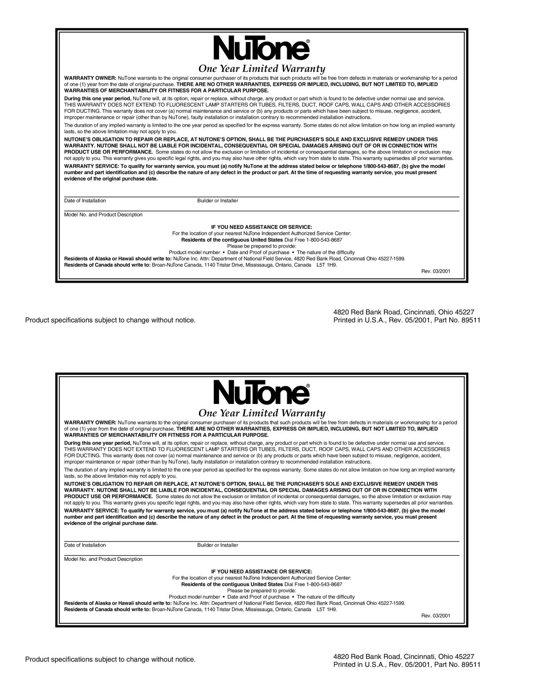 NuTone VS-65 installation instructions One Year Limited Warranty, If YOU Need Assistance or Service 