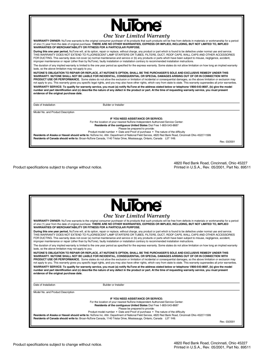NuTone VS-65 installation instructions One Year Limited Warranty, Red Bank Road, Cincinnati, Ohio 