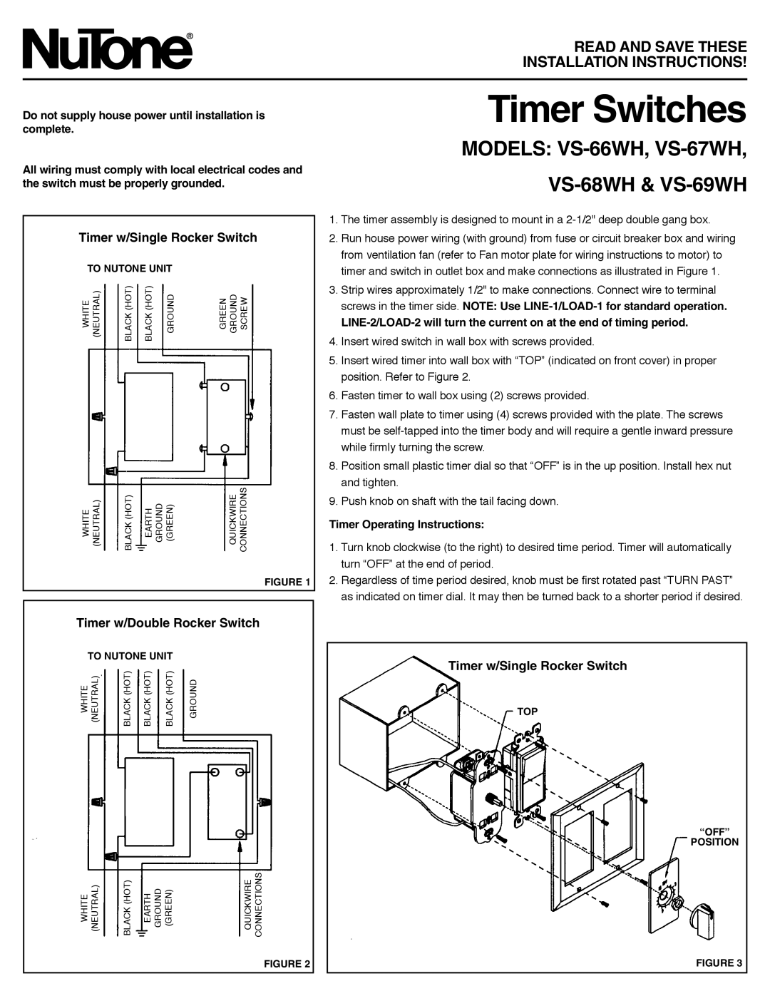NuTone VS-66WH installation instructions Timer w/Single Rocker Switch, Timer w/Double Rocker Switch, Timer Switches 