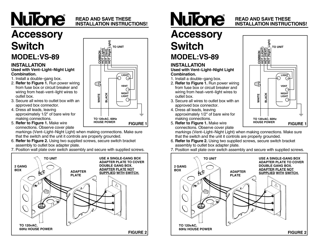 NuTone installation instructions Accessory Switch, MODELVS-89, Read and Save These Installation Instructions 