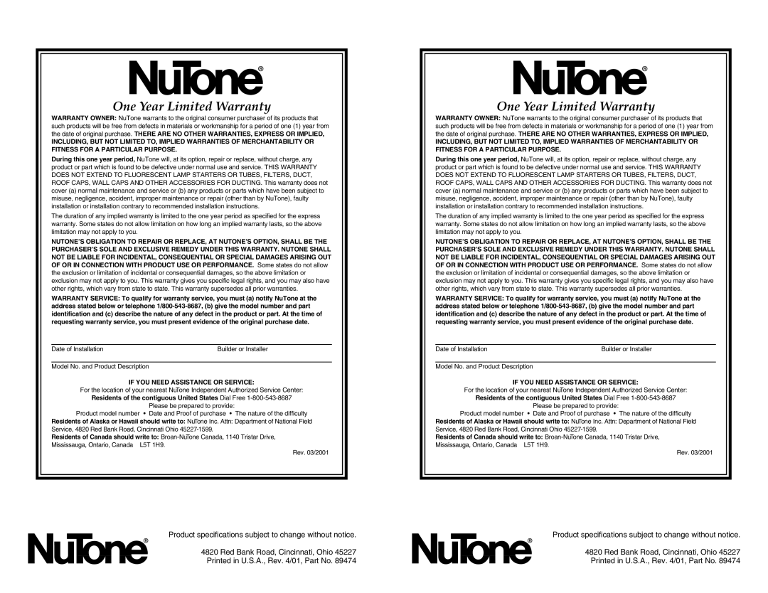 NuTone VS-89 installation instructions One Year Limited Warranty, If YOU Need Assistance or Service 