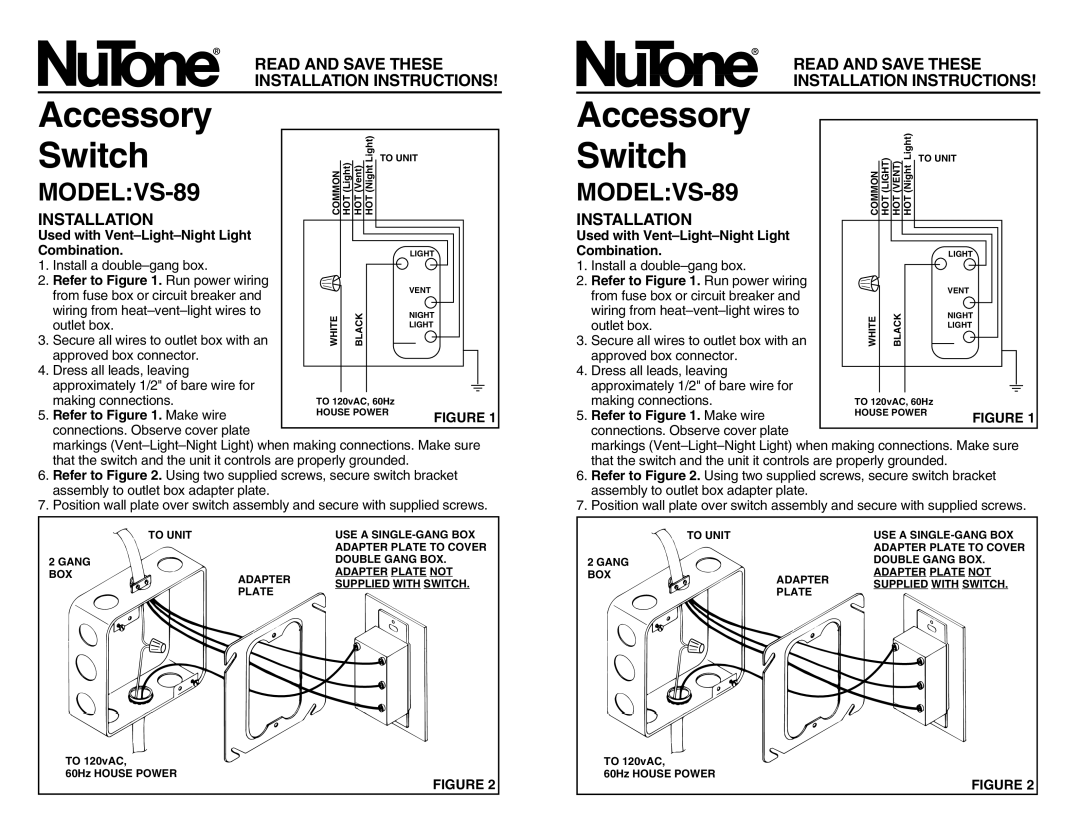 NuTone installation instructions Accessory, Switch, MODELVS-89, Read And Save These Installation Instructions 
