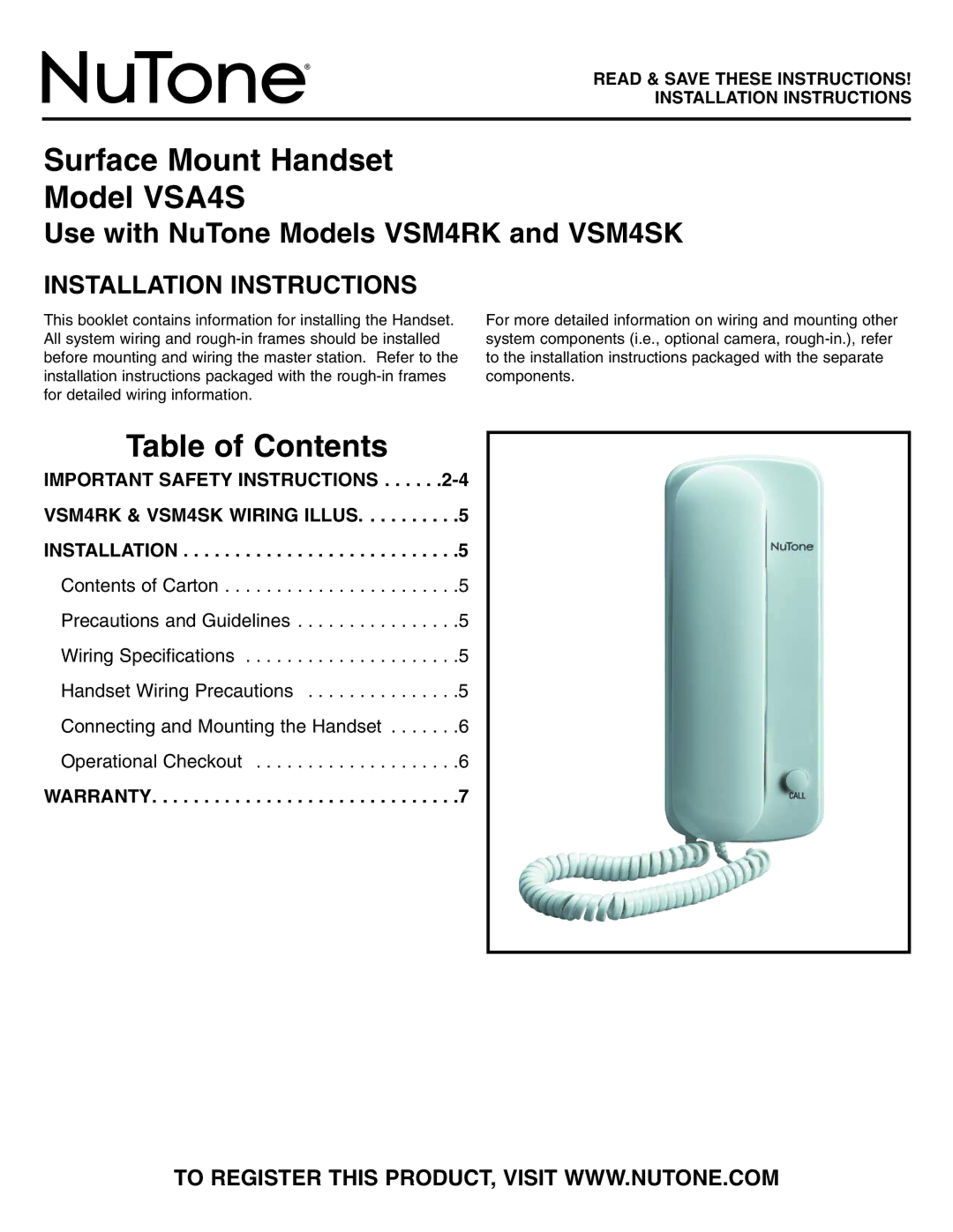 NuTone installation instructions Surface Mount Handset Model VSA4S 