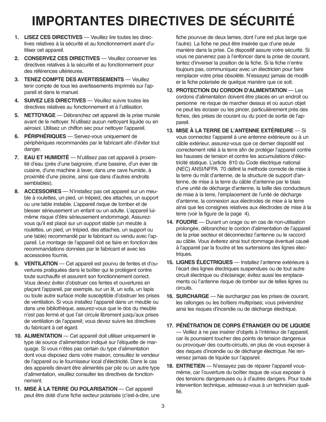 NuTone VSA4S installation instructions Importantes Directives DE Sécurité, 17. Pénétration DE Corps Étranger OU DE Liquide 