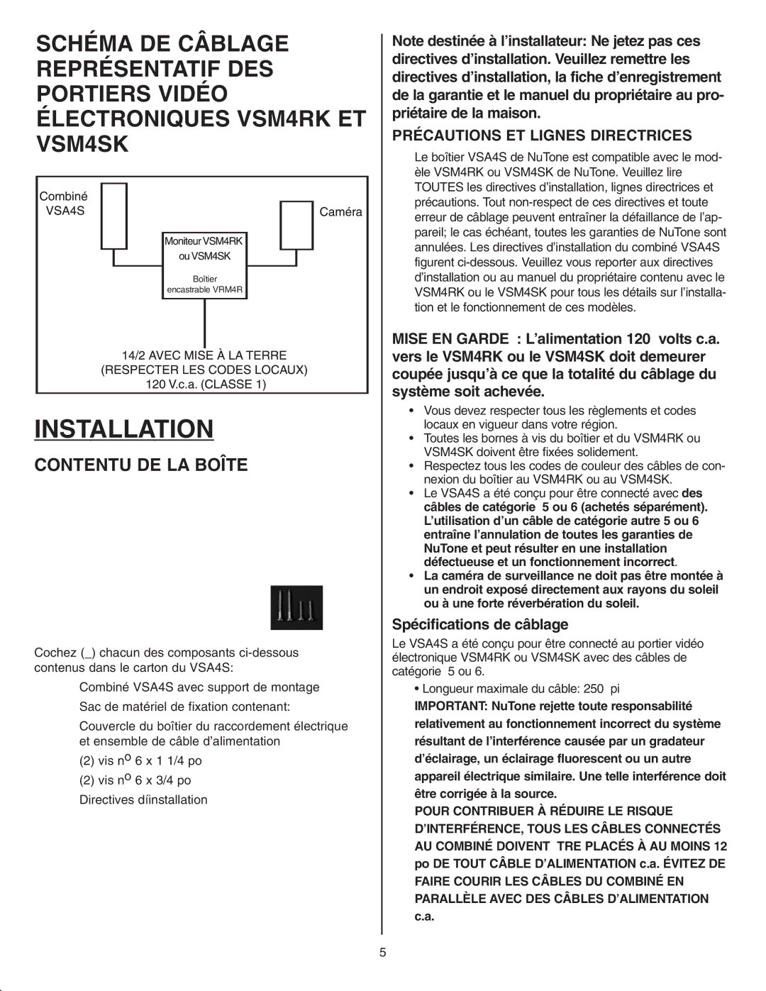 NuTone VSA4S installation instructions Contentu DE LA Boîte, Précautions ET Lignes Directrices, Spécifications de câblage 