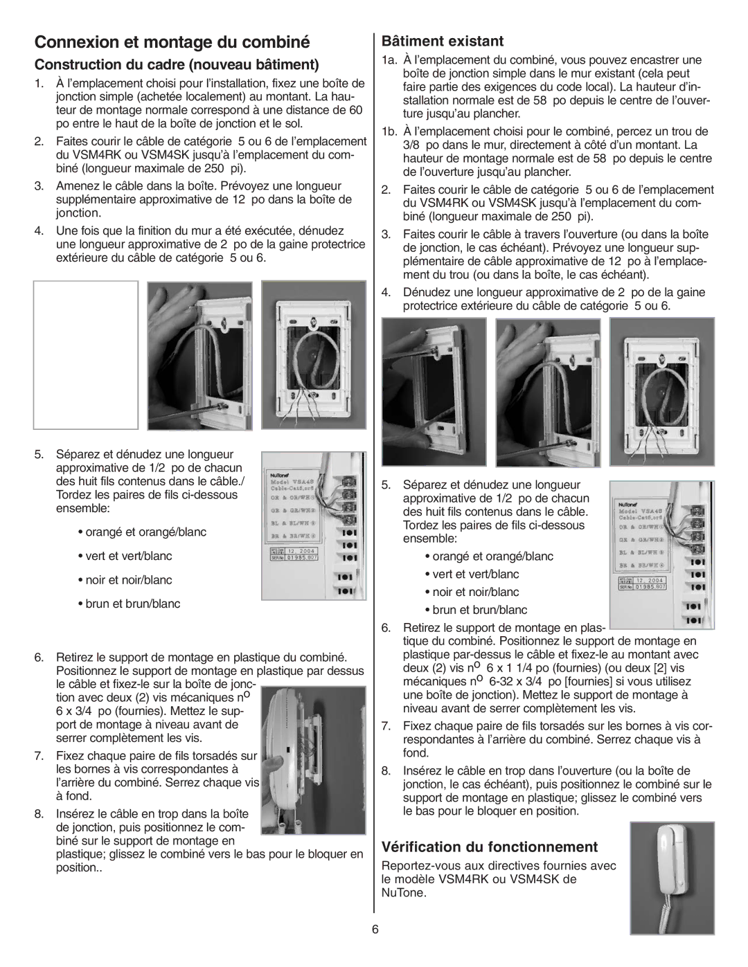 NuTone VSA4S Construction du cadre nouveau bâtiment, Bâtiment existant, Vérification du fonctionnement 