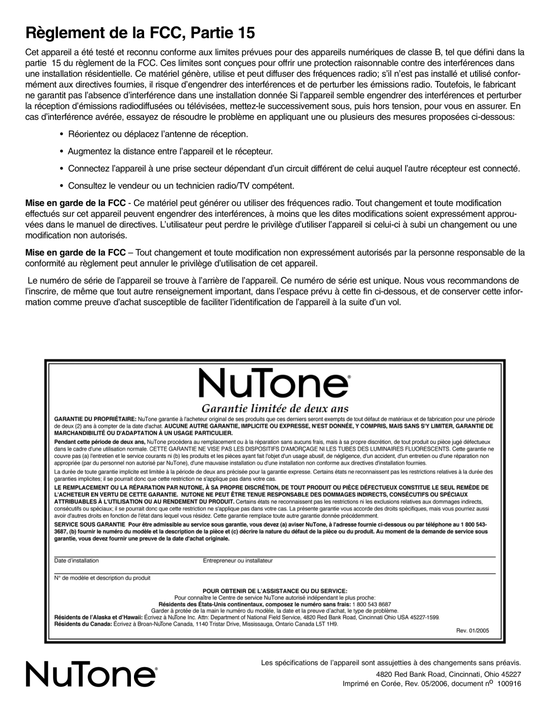 NuTone VSA4S installation instructions Règlement de la FCC, Partie 