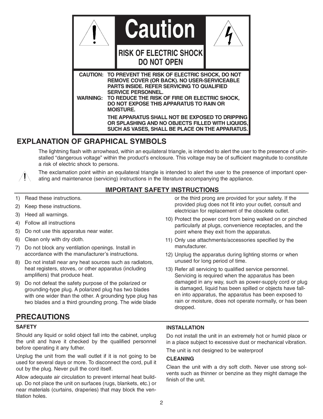 NuTone VSA4S installation instructions Risk of Electric Shock Do not Open, Explanation of Graphical Symbols, Precautions 