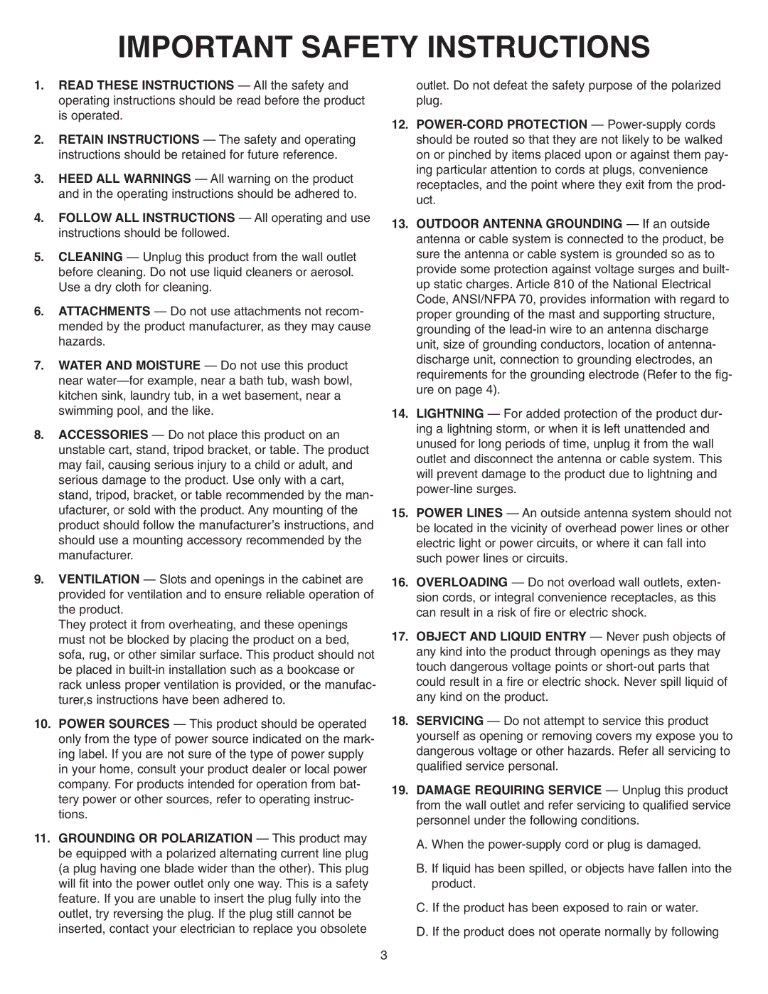 NuTone VSA4S installation instructions Important Safety Instructions 