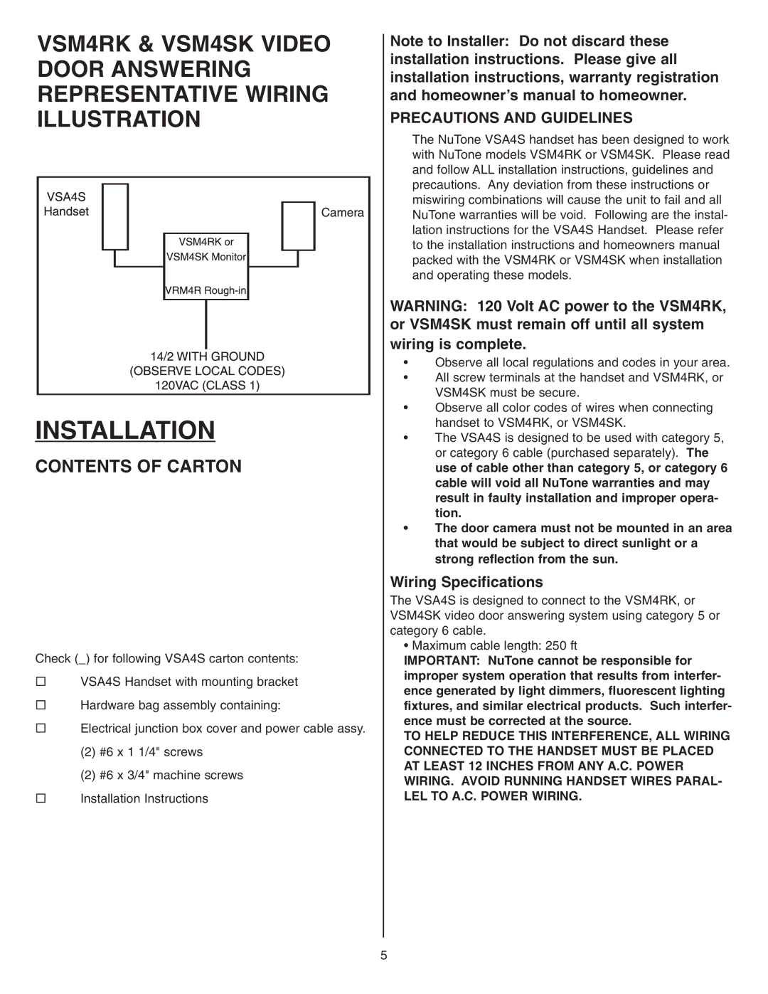 NuTone VSA4S installation instructions Installation, Contents of Carton 