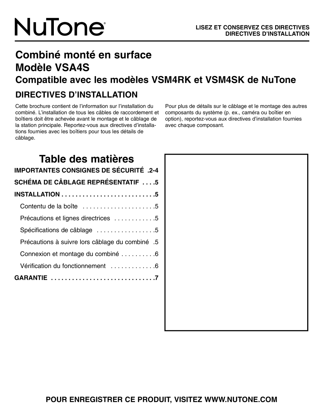 NuTone VSA4S Compatible avec les modèles VSM4RK et VSM4SK de NuTone, Directives D’INSTALLATION, Garantie 