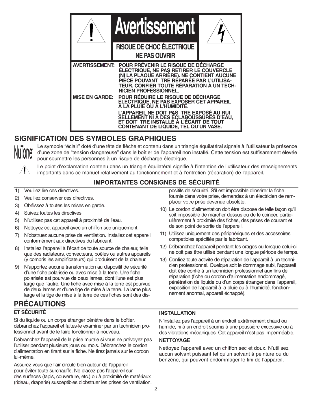 NuTone VSA4S Risque DE Choc Électrique NE PAS Ouvrir, Signification DES Symboles Graphiques, Précautions 