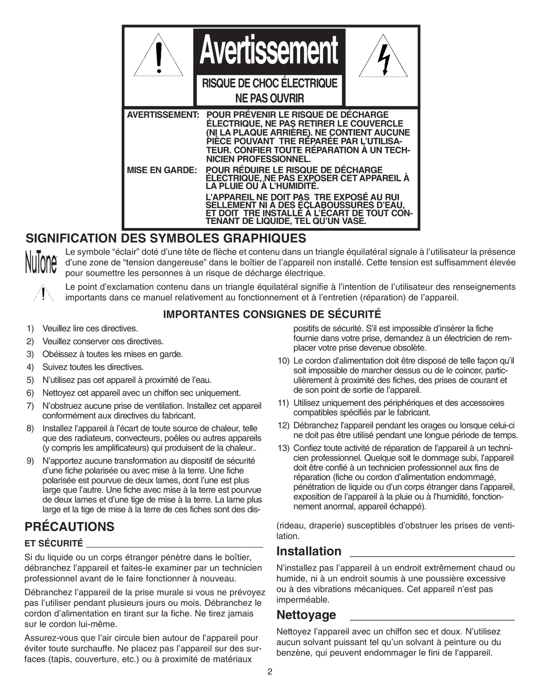 NuTone VSC4R installation instructions Nettoyage, Importantes Consignes DE Sécurité 