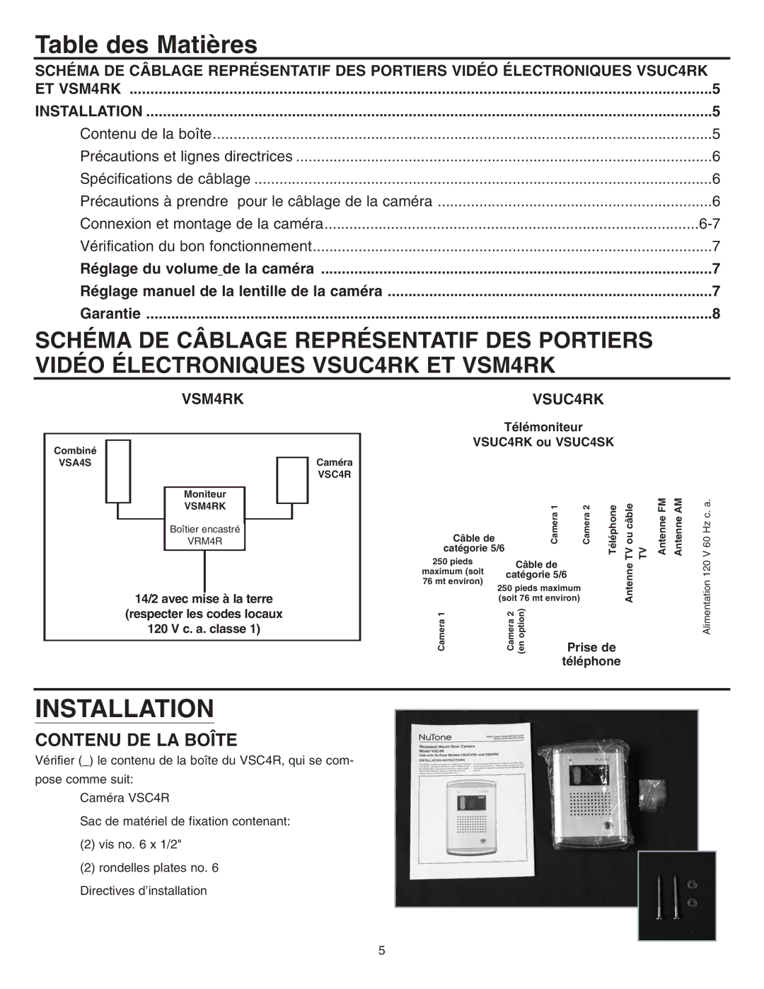 NuTone VSC4R installation instructions Table des Matières, ET VSM4RK Installation, VSUC4RK 