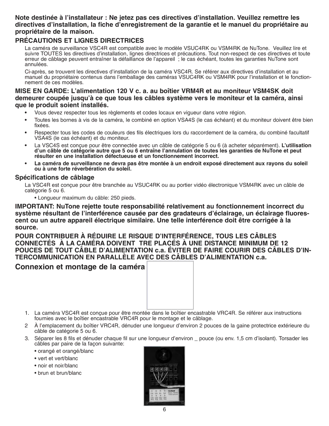 NuTone VSC4R Connexion et montage de la caméra, Précautions ET Lignes Directrices, Spécifications de câblage 